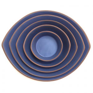 view from above of matte blue glazed nesting bowls